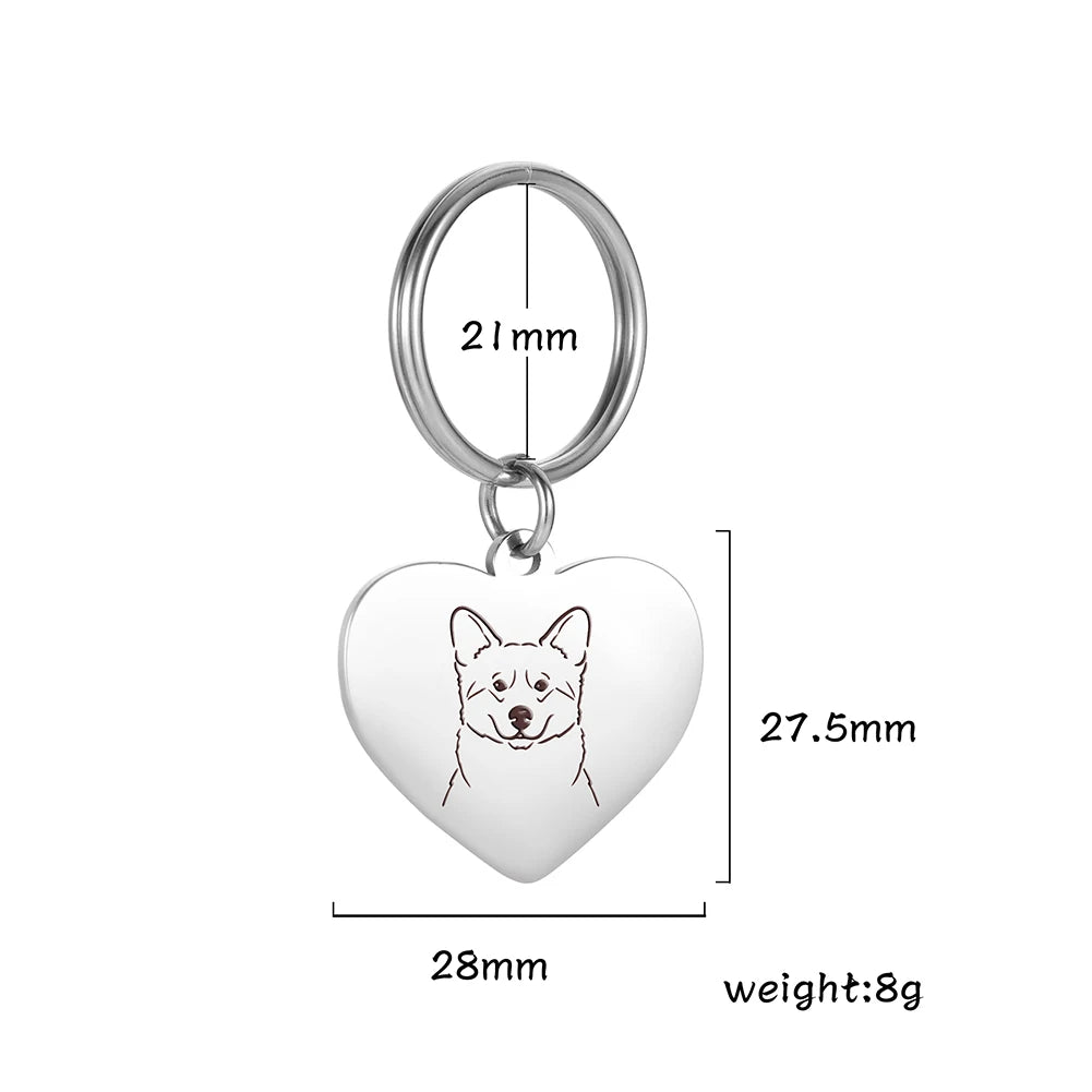 Pet Dog Heart Keychain Puppy Corgi Chihuahua French Bulldog Sheepdog for Woman Men Kid Child Stainless Steel Key Chain Ring