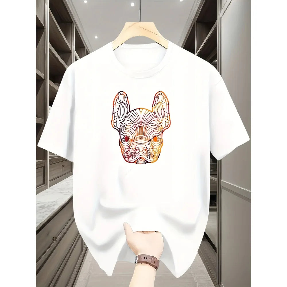 French Bulldog Pattern Printed Fashionable Men's Short-sleeved High-quality Pure CottonBreathable T-shirt for Outdoor Daily Wear