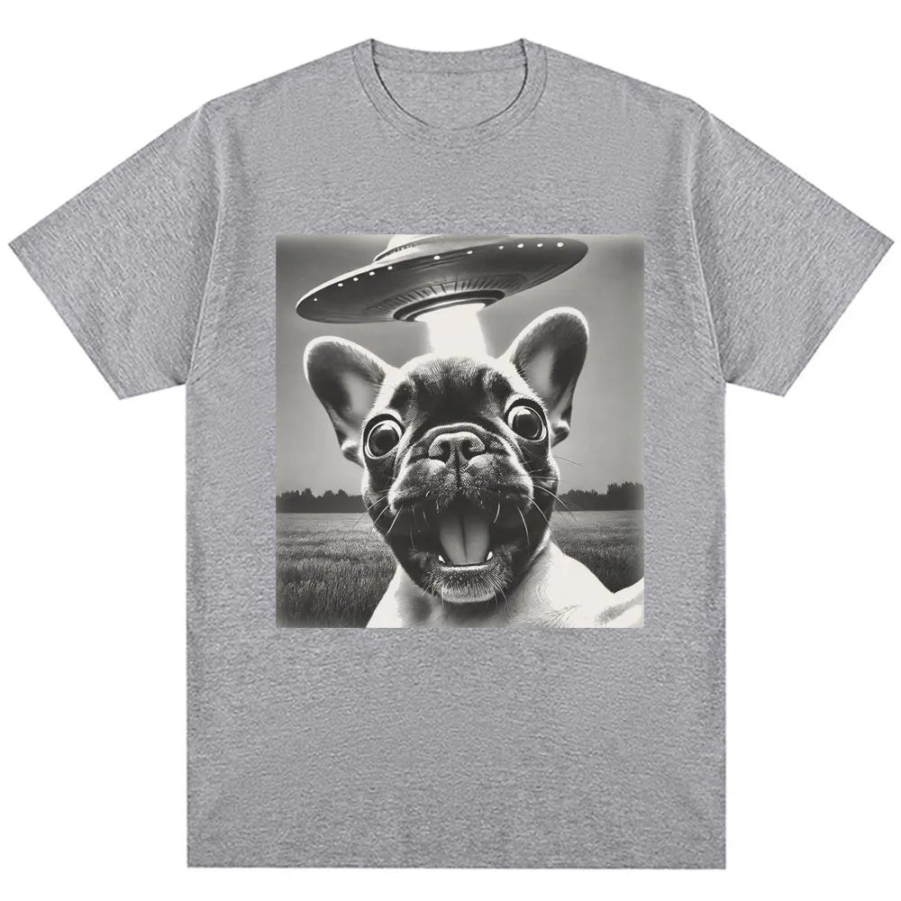 French Bulldog UFO Funny Meme Graphic T-shirt Vintage Fashion Women Short Sleeve Oversized Summer TShirts Streetwear Personality