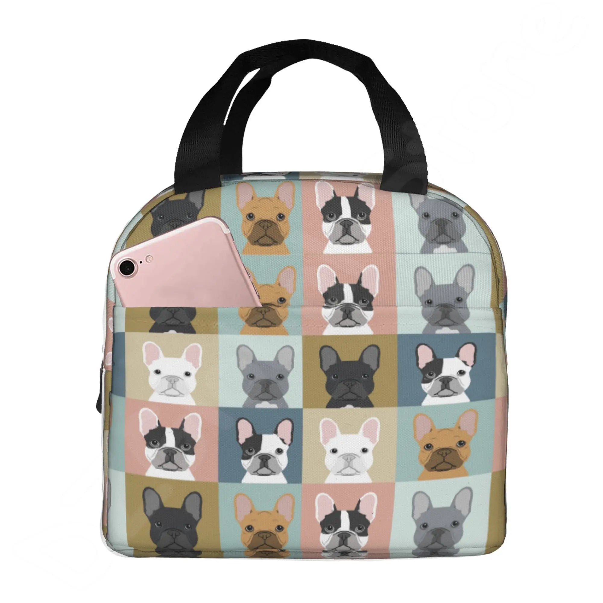French Bulldog Puppy Facial Insulated Lunch Bag for Work School Picnic Resuable Portable Thermal Cooler Lunch Box for Women Kids