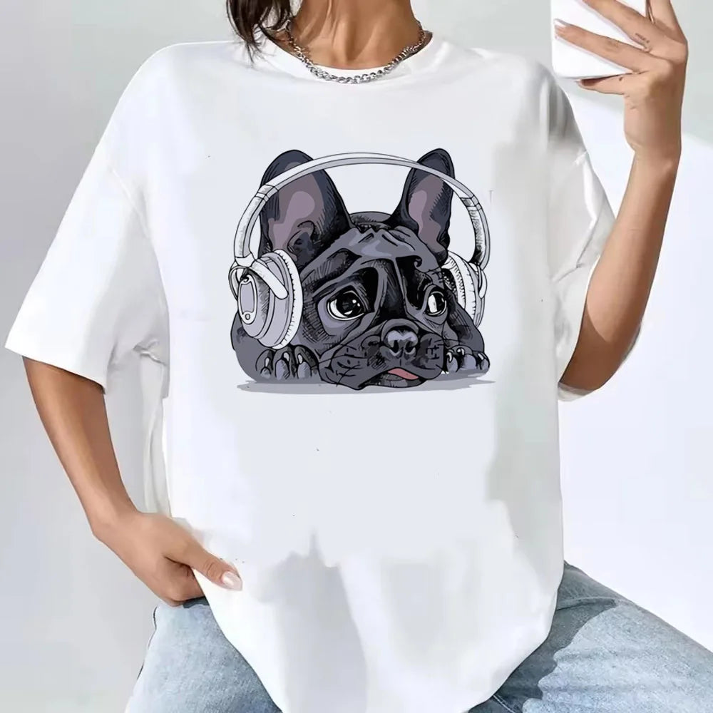 French Bulldog top tees women Colorful Retro Pastel Comfortable tshirt Psychedelic Pop Culture Gothic Digital hip hop 80s
