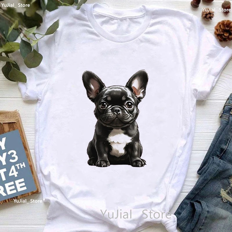 Cute French Bulldog Puppy Love Coffee Print T Shirt Girls Funny White Tshirt Women Harajuku Kawaii Dog Lover T-Shirt Female
