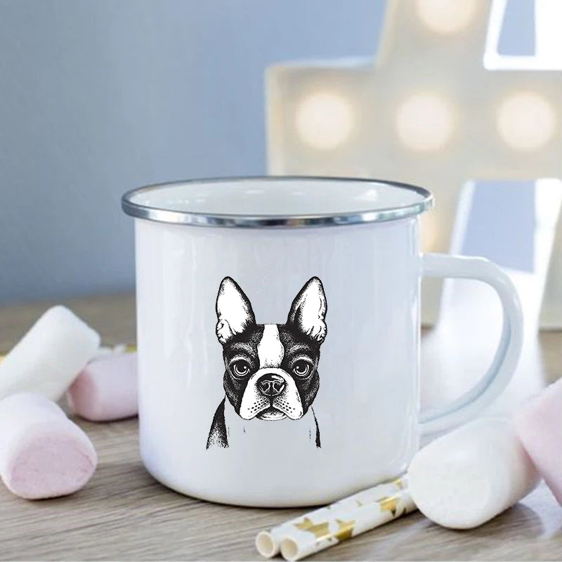 French Bulldog Print Enamel Mug Creative Coffee Cups Drinks Dessert Breakfast Milk Cup Vintage Mugs Handle Drinkware Best Gifts