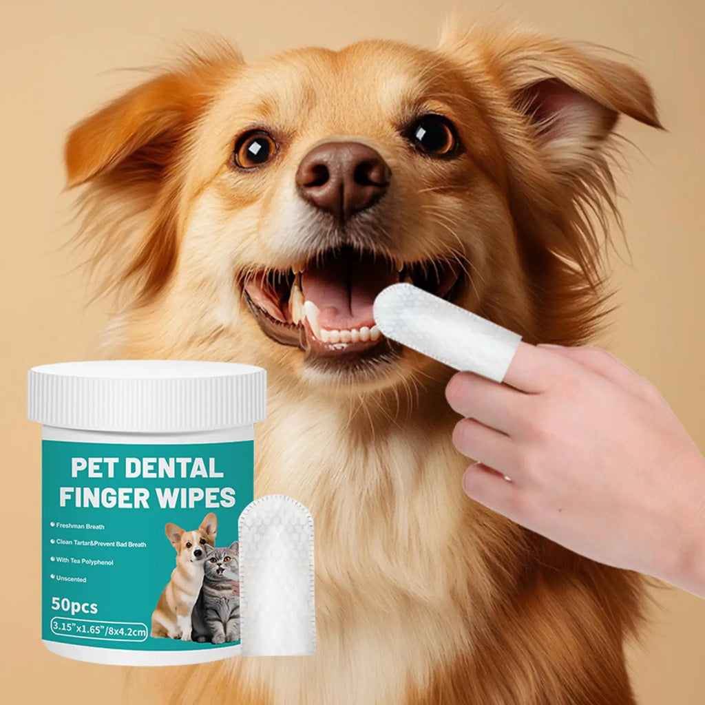 Dog Teeth Finger Wipes 50-Pieces Teeth Cleaner Wipes for Dog Brushing Pet Supplies Dog Cat Bad Breath Wipes for Camping After