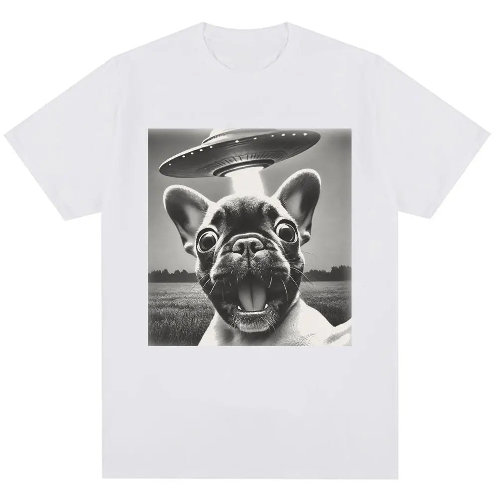 French Bulldog UFO Funny Meme Graphic T-shirt Vintage Fashion Women Short Sleeve Oversized Summer TShirts Streetwear Personality
