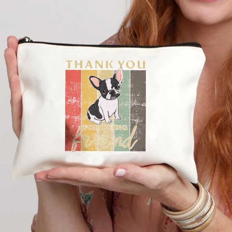 Funny French Bulldog Cartoon Print Makeup Canvas Bag Women's Bags Organizer Mini Bag Toiletry Kit Professional Suitcase Make Up