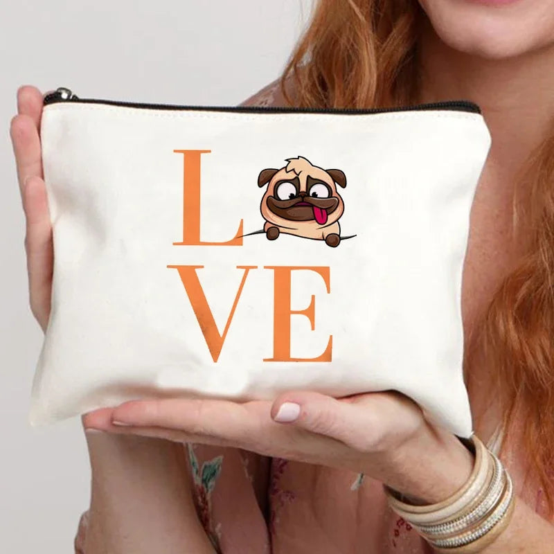 Funny French Bulldog Cartoon Print Makeup Canvas Bag Women's Bags Organizer Mini Bag Toiletry Kit Professional Suitcase Make Up