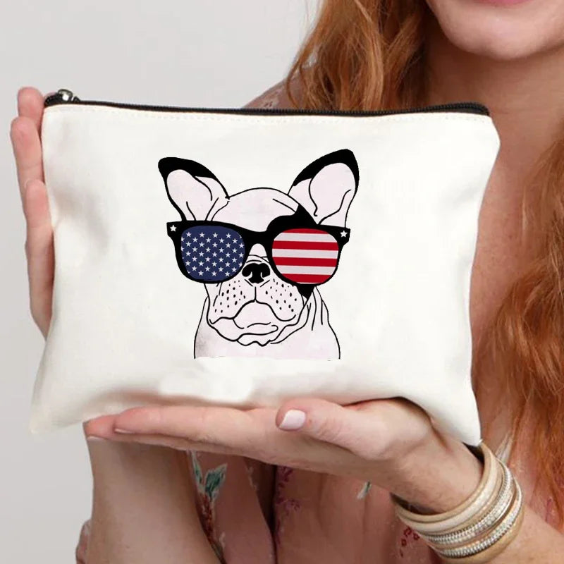 Funny French Bulldog Cartoon Print Makeup Canvas Bag Women's Bags Organizer Mini Bag Toiletry Kit Professional Suitcase Make Up