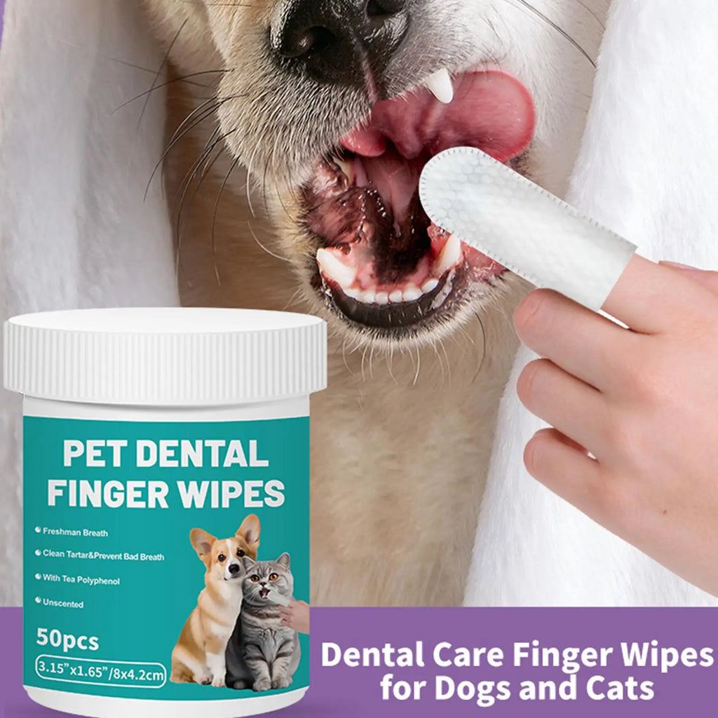 Dog Teeth Finger Wipes 50-Pieces Teeth Cleaner Wipes for Dog Brushing Pet Supplies Dog Cat Bad Breath Wipes for Camping After