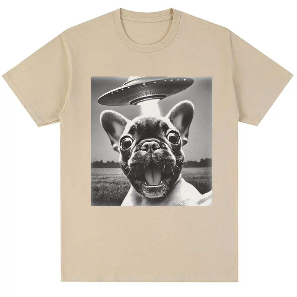 French Bulldog UFO Funny Meme Graphic T-shirt Vintage Fashion Women Short Sleeve Oversized Summer TShirts Streetwear Personality