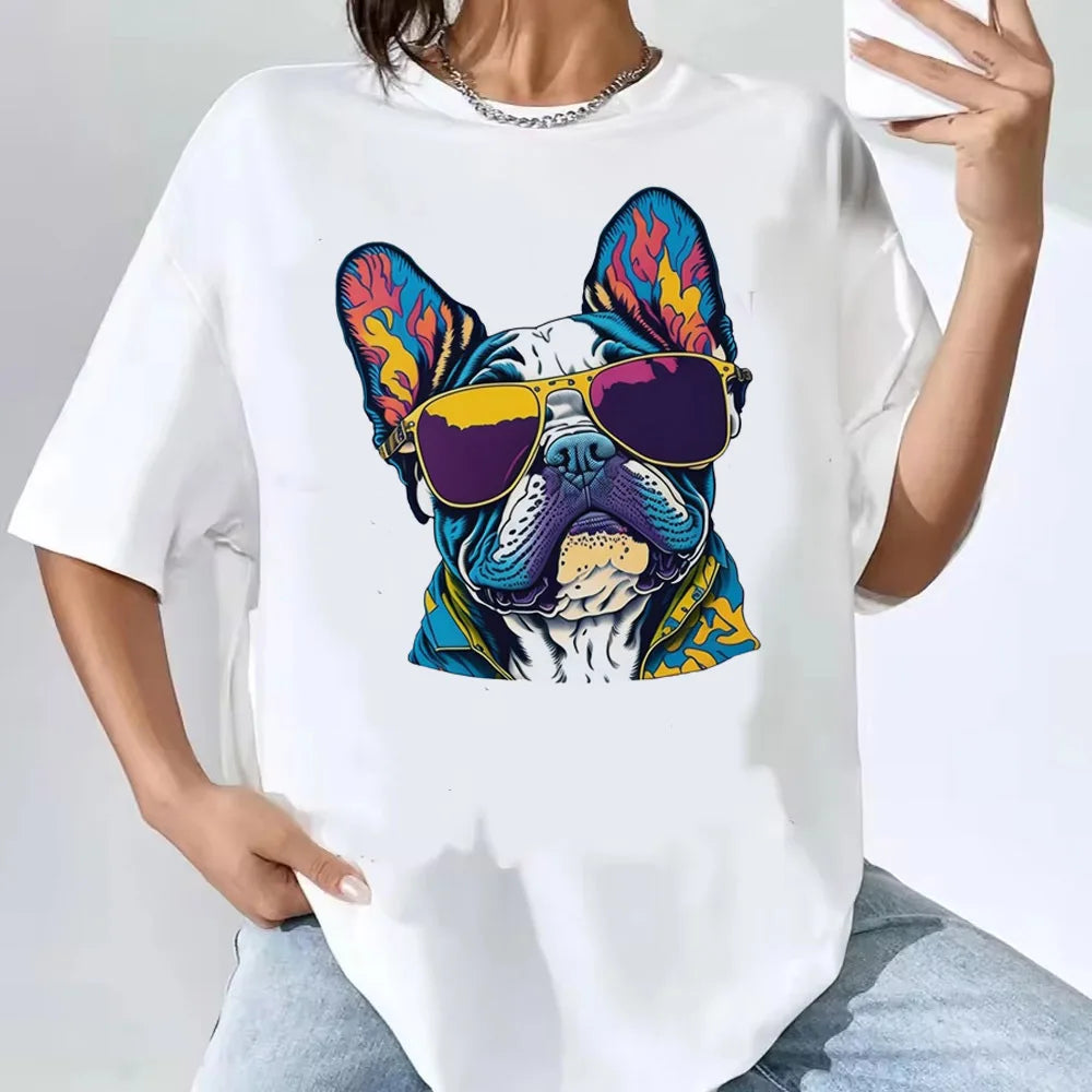 French Bulldog top tees women Colorful Retro Pastel Comfortable tshirt Psychedelic Pop Culture Gothic Digital hip hop 80s