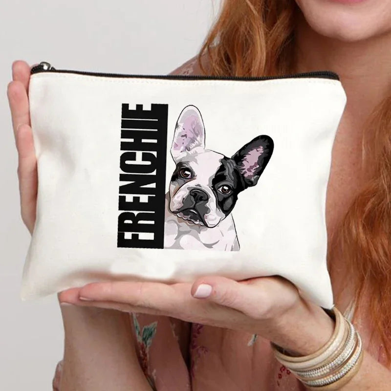 Funny French Bulldog Cartoon Print Makeup Canvas Bag Women's Bags Organizer Mini Bag Toiletry Kit Professional Suitcase Make Up
