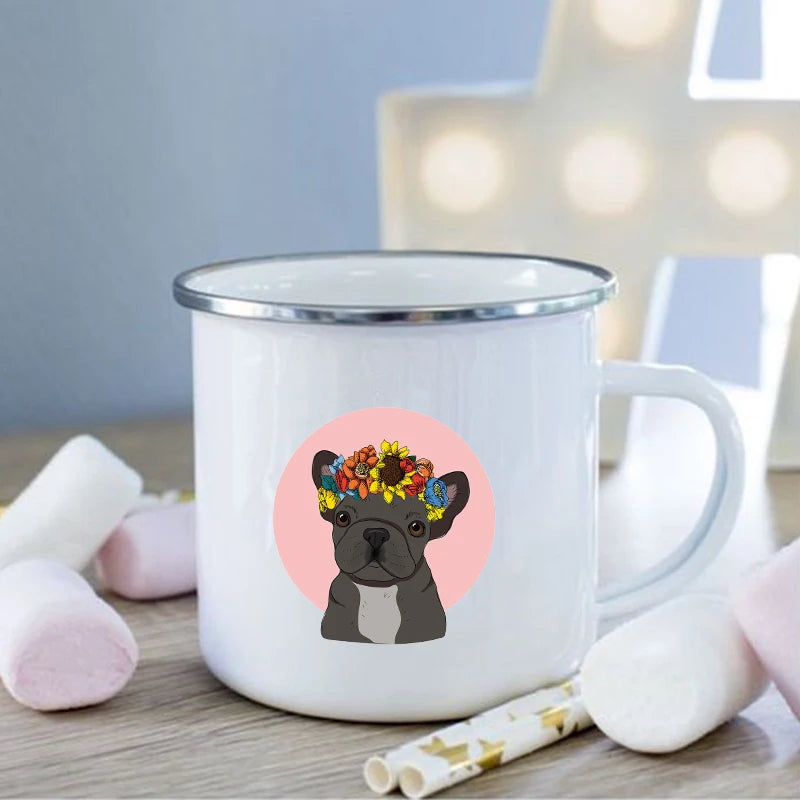 French Bulldog Print Enamel Mug Creative Coffee Cups Drinks Dessert Breakfast Milk Cup Vintage Mugs Handle Drinkware Best Gifts