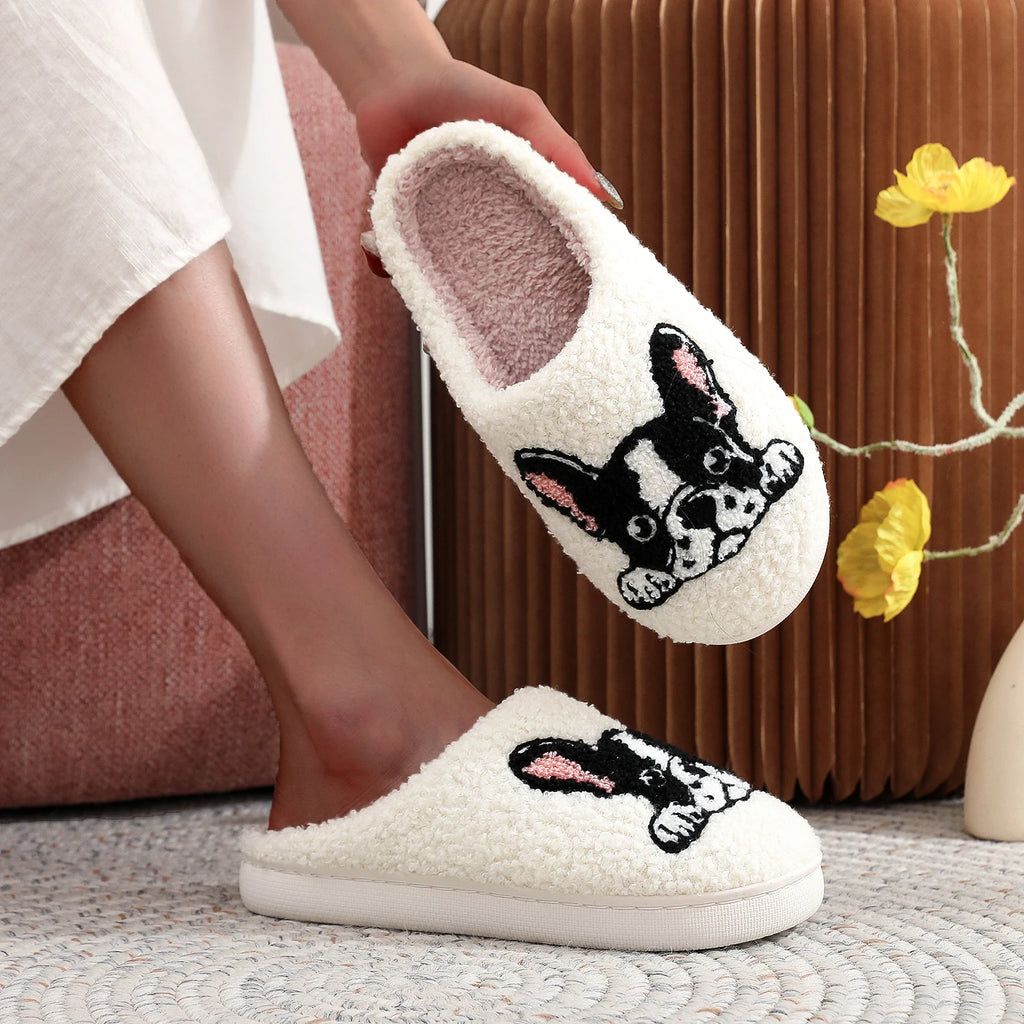 Pet Pattern French Bulldog Embroidered Plush Home Thick-Soled Comfortable Plush Cotton Slippers Cute Warm Non-Slip Indoor Slippers Pet Mom Gift Men and Women Can Wear