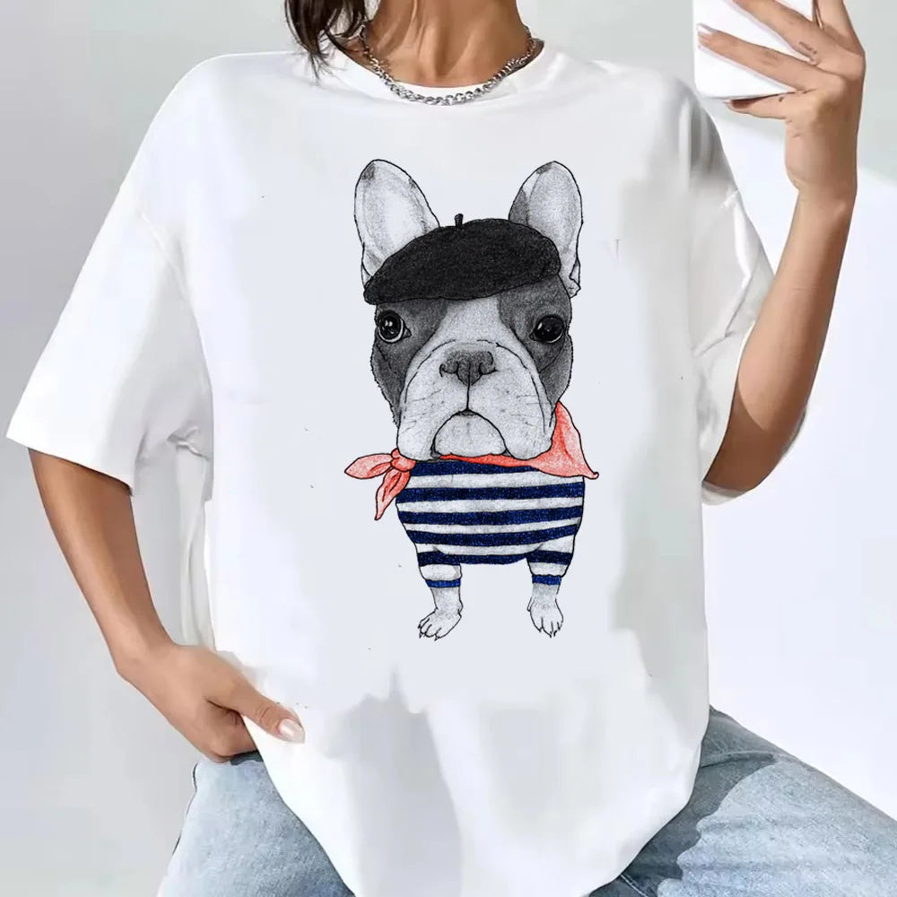 French Bulldog top tees women Colorful Retro Pastel Comfortable tshirt Psychedelic Pop Culture Gothic Digital hip hop 80s
