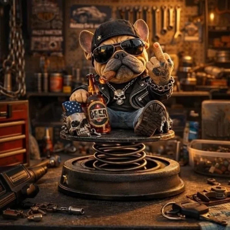 Biker French Bulldog Car Dashboard Decor,Shaking Spring Bulldog Figurine,Retro Motorcycle Style Resin Ornament for Car Home Gift