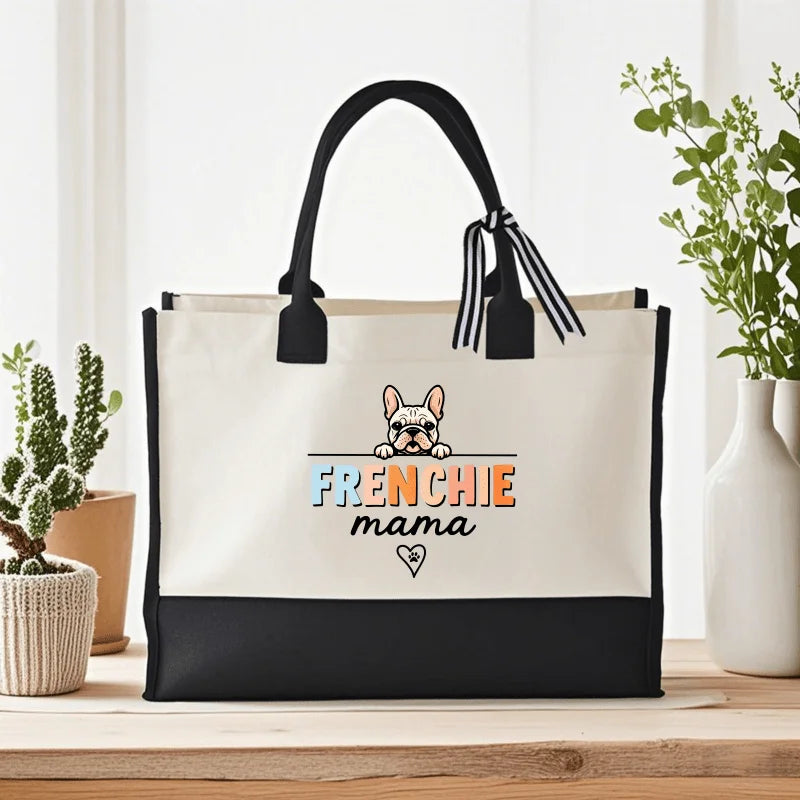 French Bulldog Mom Handbag, cream and black French Bulldog Mom and Dog pattern and loving design, suitable for pet lovers and do