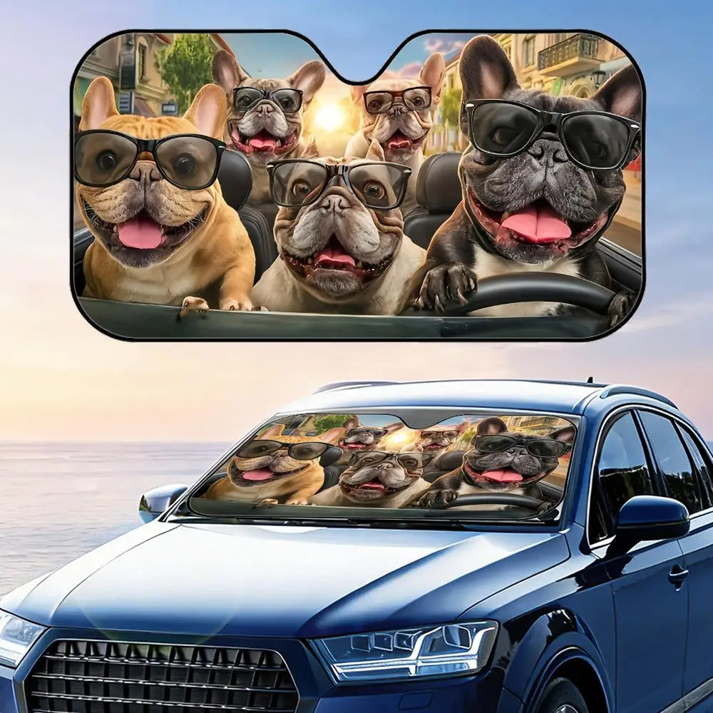 French Bulldog Driving  Sun Visor Foldable Universal Car Windshield Sun Shade UV Protection Heat Insulation Foldable Cover
