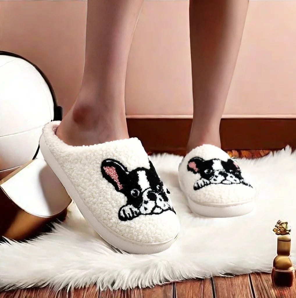 Pet Pattern French Bulldog Embroidered Plush Home Thick-Soled Comfortable Plush Cotton Slippers Cute Warm Non-Slip Indoor Slippers Pet Mom Gift Men and Women Can Wear
