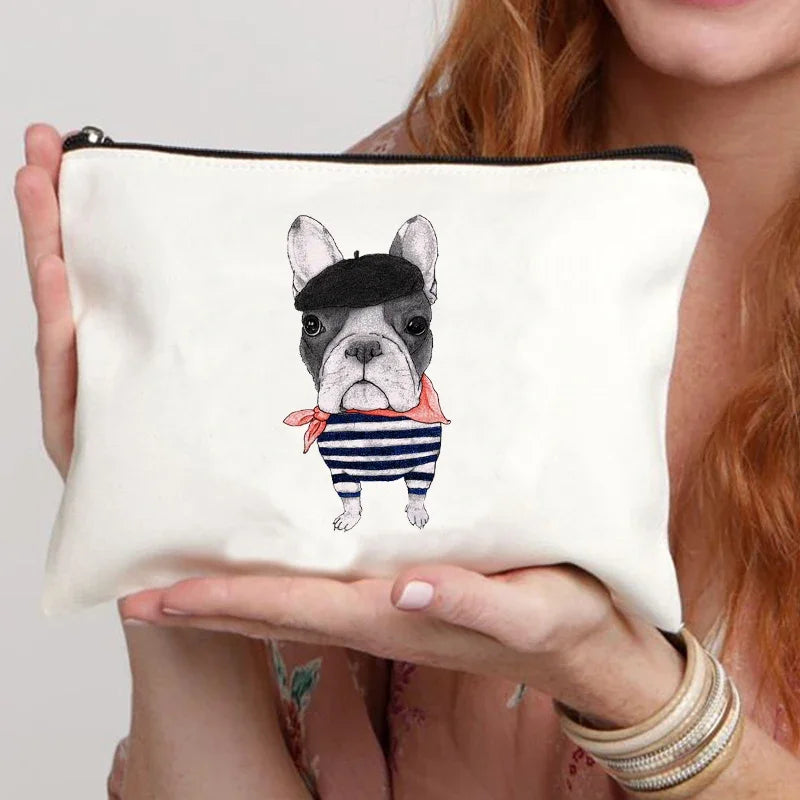 Funny French Bulldog Cartoon Print Makeup Canvas Bag Women's Bags Organizer Mini Bag Toiletry Kit Professional Suitcase Make Up