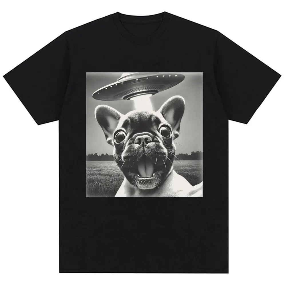 French Bulldog UFO Funny Meme Graphic T-shirt Vintage Fashion Women Short Sleeve Oversized Summer TShirts Streetwear Personality
