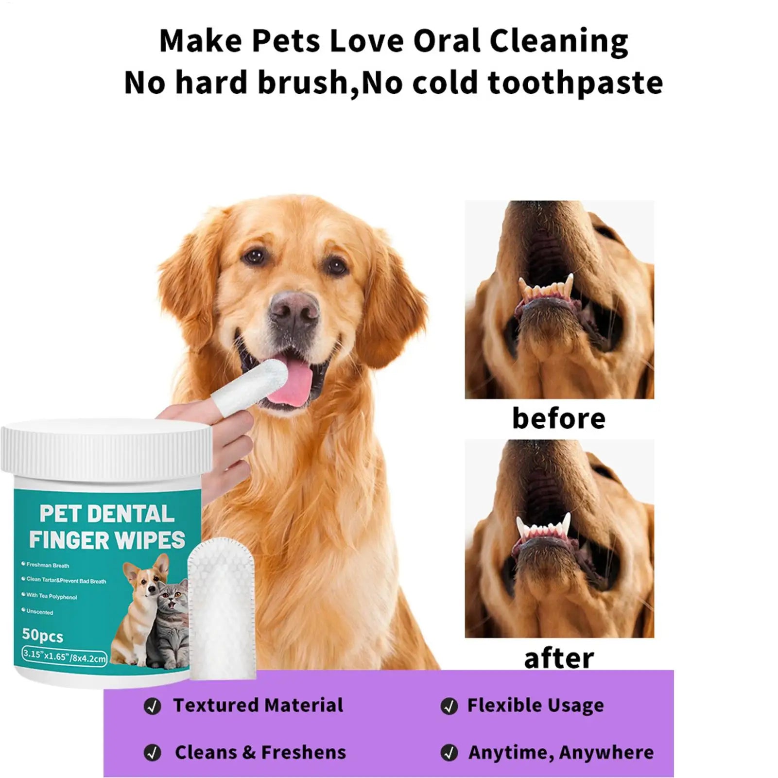 Dog Teeth Finger Wipes 50-Pieces Teeth Cleaner Wipes for Dog Brushing Pet Supplies Dog Cat Bad Breath Wipes for Camping After