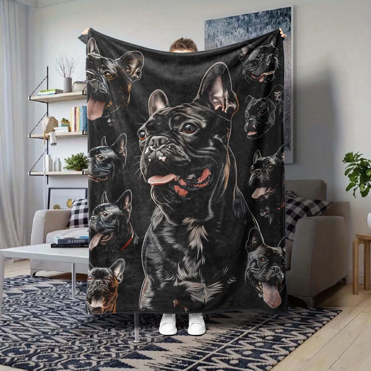 French Bulldog Fleece Blanket Black Puppy Print Throw Soft Warm All Season Bedding Home Decor Gift for Dog Lovers