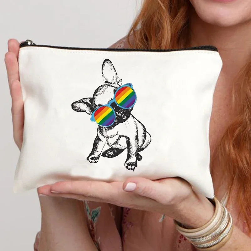 Funny French Bulldog Cartoon Print Makeup Canvas Bag Women's Bags Organizer Mini Bag Toiletry Kit Professional Suitcase Make Up
