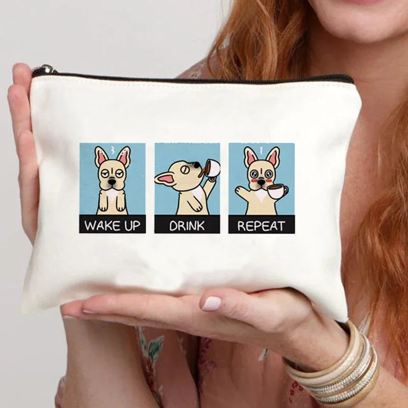 Funny French Bulldog Cartoon Print Makeup Canvas Bag Women's Bags Organizer Mini Bag Toiletry Kit Professional Suitcase Make Up