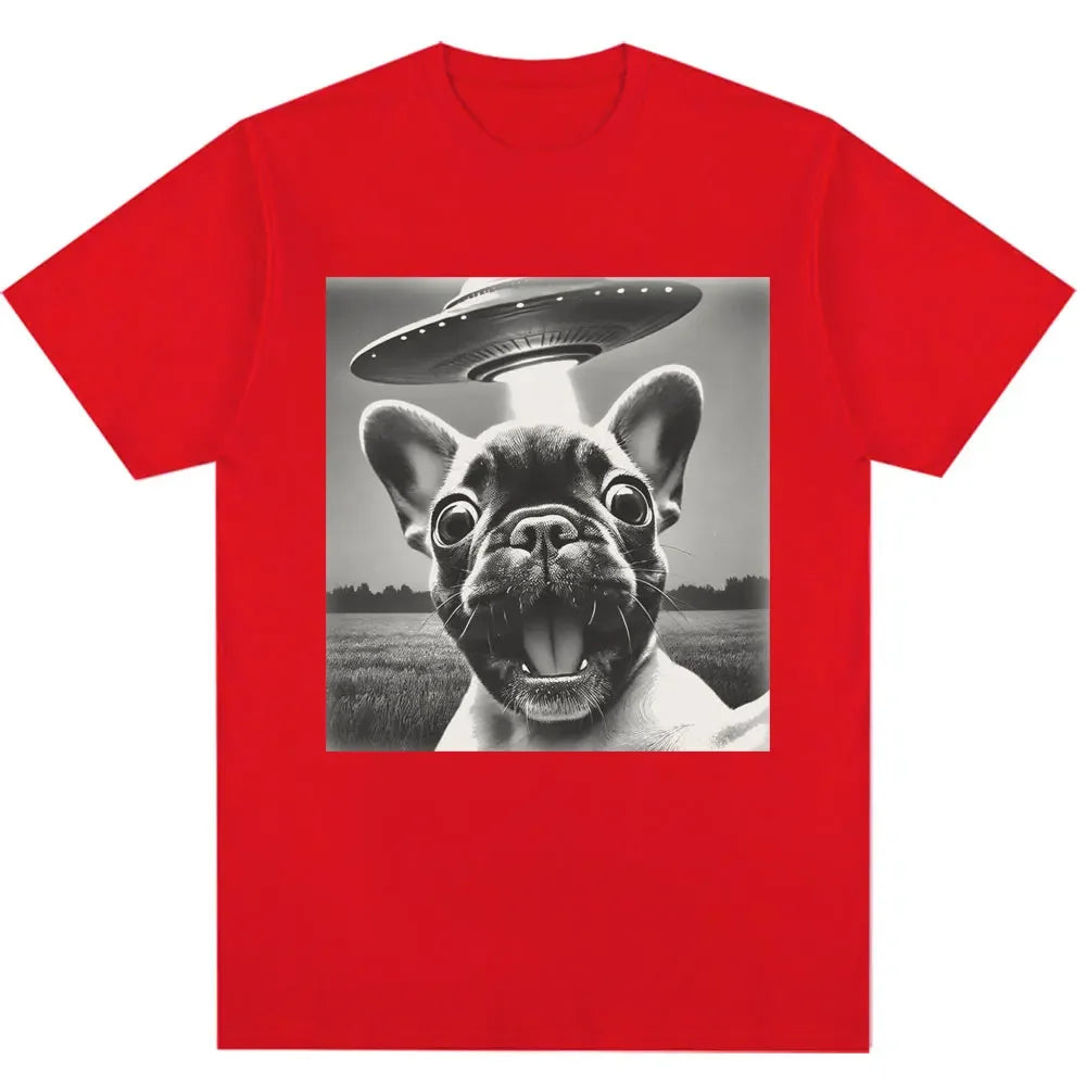 French Bulldog UFO Funny Meme Graphic T-shirt Vintage Fashion Women Short Sleeve Oversized Summer TShirts Streetwear Personality