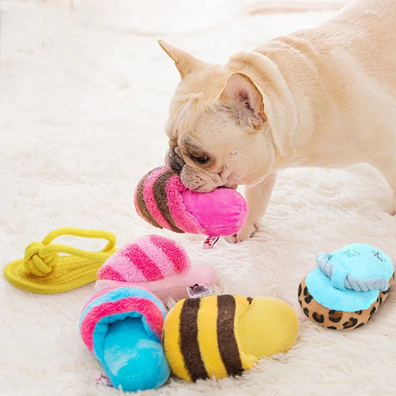 Puppy Dog Chew Toys with Squeaker for Small Dogs French Bulldog Shiba Inu Funny Plush Slipper Pet Supplies Teeth Cleaning Toy
