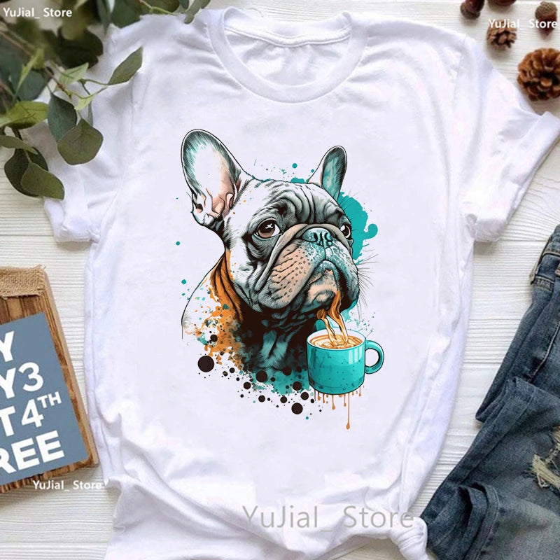 Cute French Bulldog Puppy Love Coffee Print T Shirt Girls Funny White Tshirt Women Harajuku Kawaii Dog Lover T-Shirt Female