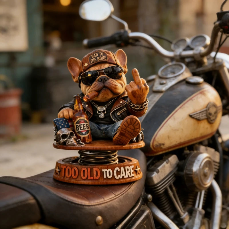Biker French Bulldog Car Dashboard Decor,Shaking Spring Bulldog Figurine,Retro Motorcycle Style Resin Ornament for Car Home Gift