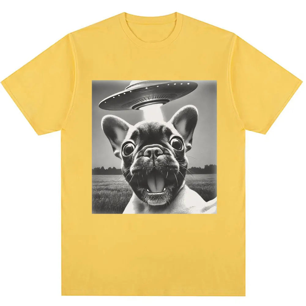 French Bulldog UFO Funny Meme Graphic T-shirt Vintage Fashion Women Short Sleeve Oversized Summer TShirts Streetwear Personality