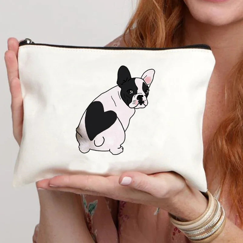 Funny French Bulldog Cartoon Print Makeup Canvas Bag Women's Bags Organizer Mini Bag Toiletry Kit Professional Suitcase Make Up