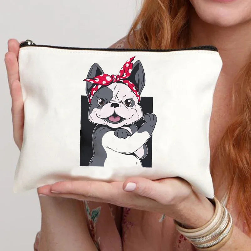 Funny French Bulldog Cartoon Print Makeup Canvas Bag Women's Bags Organizer Mini Bag Toiletry Kit Professional Suitcase Make Up
