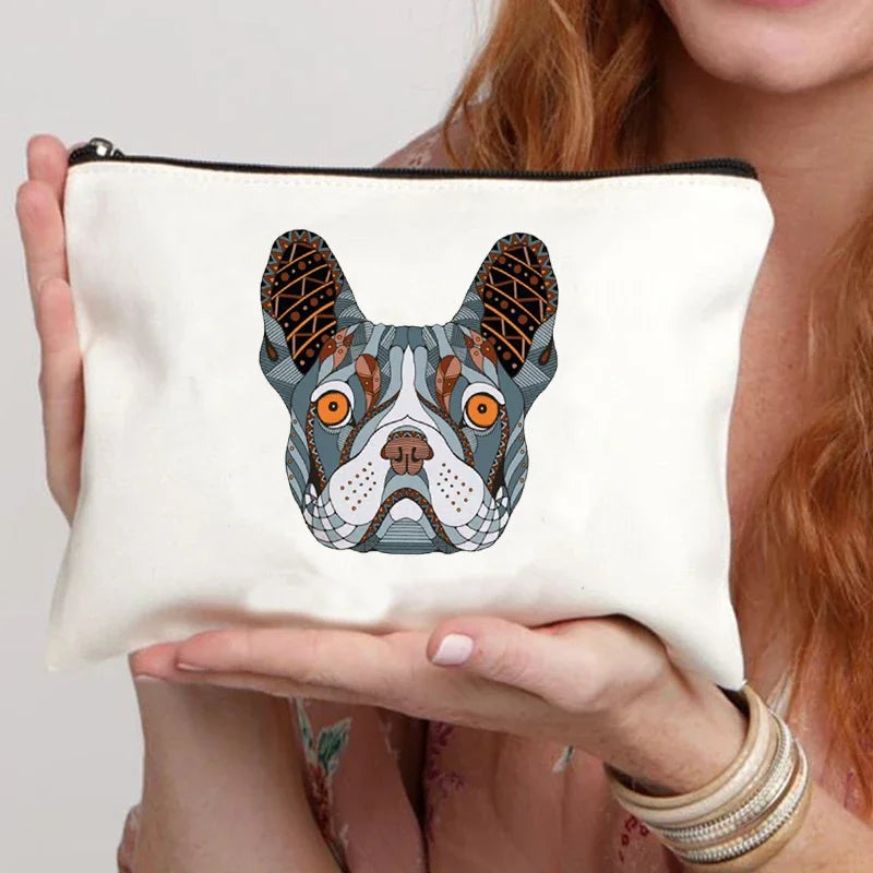 Funny French Bulldog Cartoon Print Makeup Canvas Bag Women's Bags Organizer Mini Bag Toiletry Kit Professional Suitcase Make Up