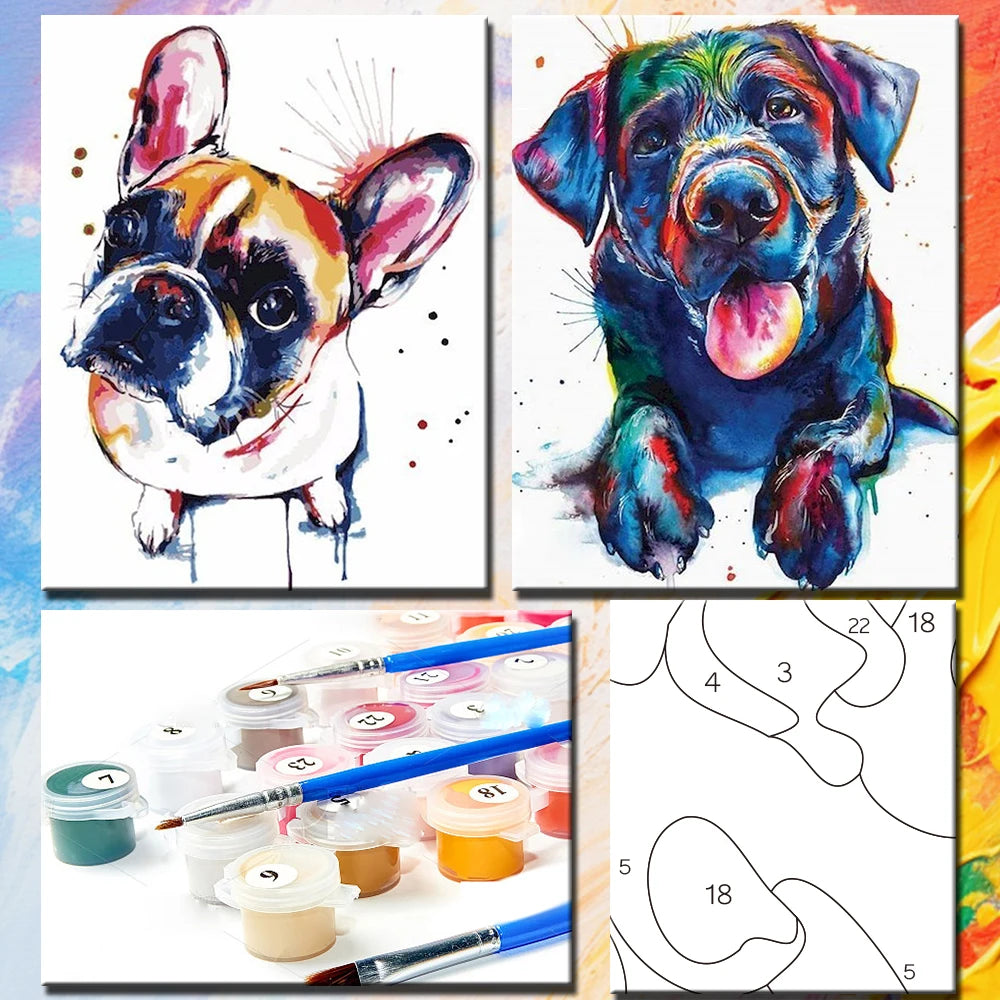 PhotoCustom Painting By Number Colorful French Bulldogs DIY Kits On Canvas Acrylic Paint Oil Picture Of Coloring By Number Decor