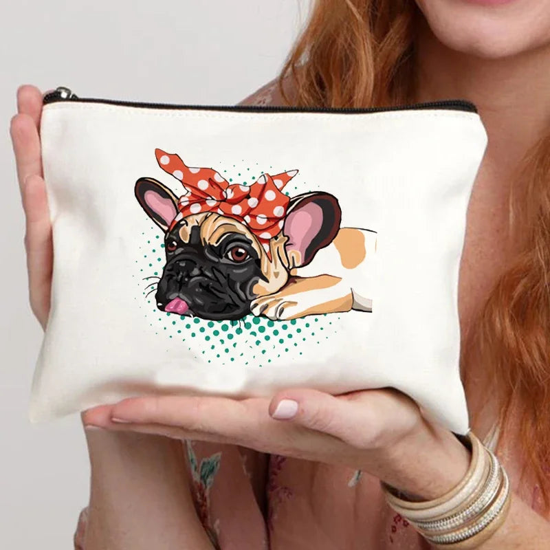 Funny French Bulldog Cartoon Print Makeup Canvas Bag Women's Bags Organizer Mini Bag Toiletry Kit Professional Suitcase Make Up