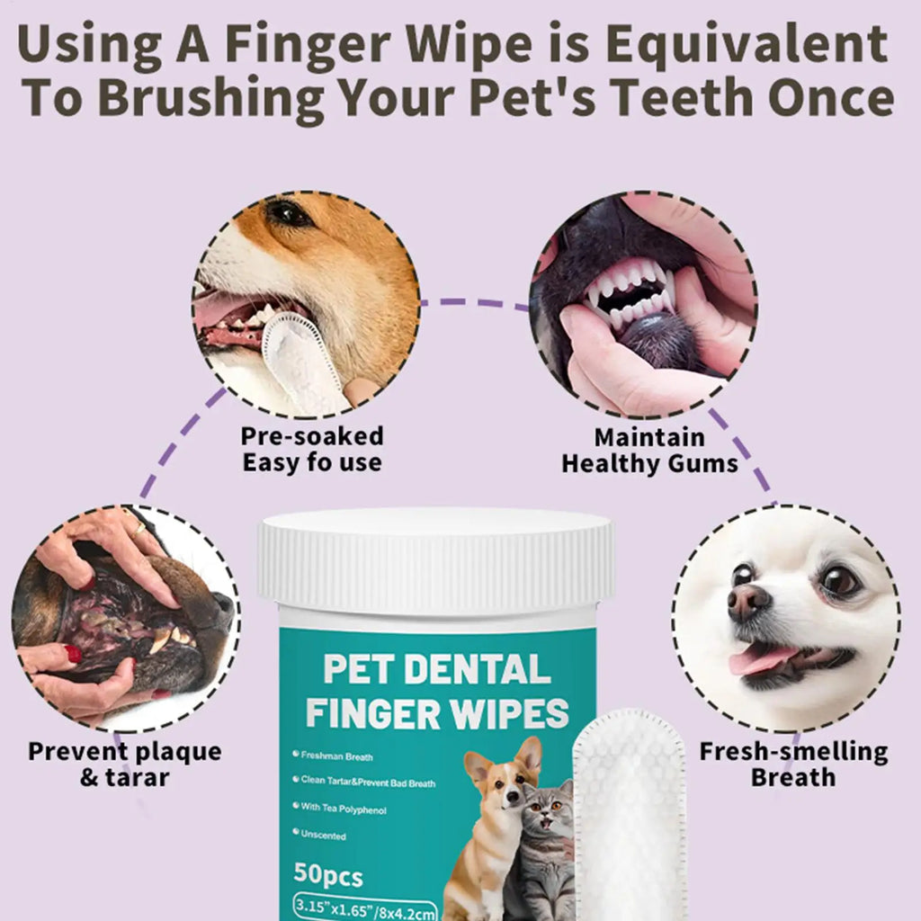 Dog Teeth Finger Wipes 50-Pieces Teeth Cleaner Wipes for Dog Brushing Pet Supplies Dog Cat Bad Breath Wipes for Camping After