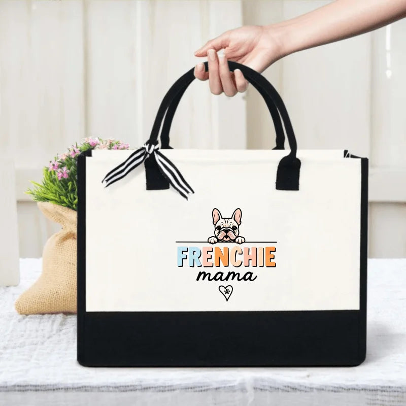 French Bulldog Mom Handbag, cream and black French Bulldog Mom and Dog pattern and loving design, suitable for pet lovers and do