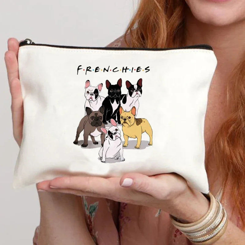 Funny French Bulldog Cartoon Print Makeup Canvas Bag Women's Bags Organizer Mini Bag Toiletry Kit Professional Suitcase Make Up
