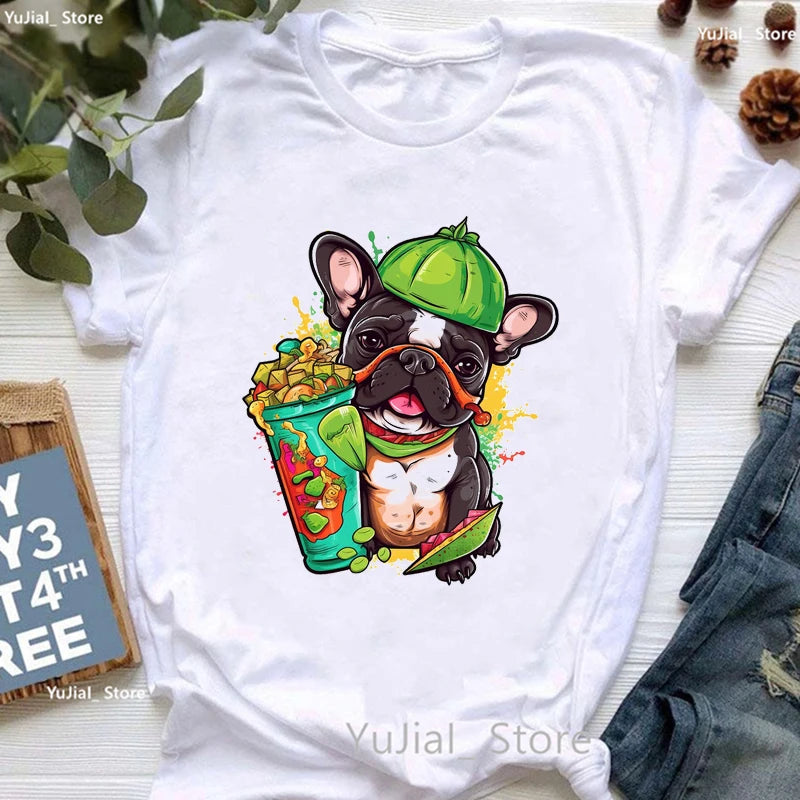 Cute French Bulldog Puppy Love Coffee Print T Shirt Girls Funny White Tshirt Women Harajuku Kawaii Dog Lover T-Shirt Female
