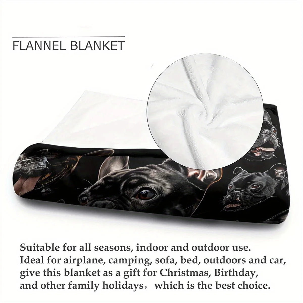 French Bulldog Fleece Blanket Black Puppy Print Throw Soft Warm All Season Bedding Home Decor Gift for Dog Lovers