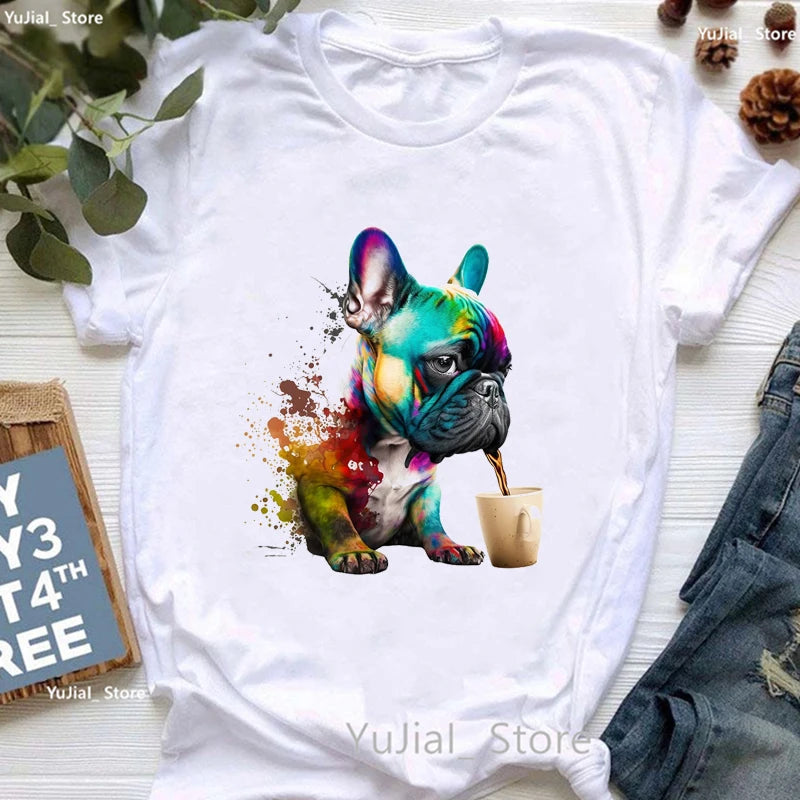 Cute French Bulldog Puppy Love Coffee Print T Shirt Girls Funny White Tshirt Women Harajuku Kawaii Dog Lover T-Shirt Female