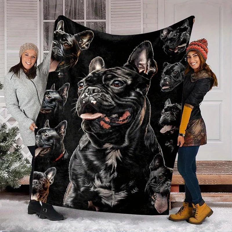 French Bulldog Fleece Blanket Black Puppy Print Throw Soft Warm All Season Bedding Home Decor Gift for Dog Lovers