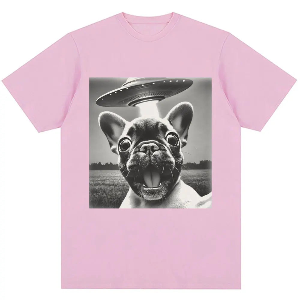 French Bulldog UFO Funny Meme Graphic T-shirt Vintage Fashion Women Short Sleeve Oversized Summer TShirts Streetwear Personality