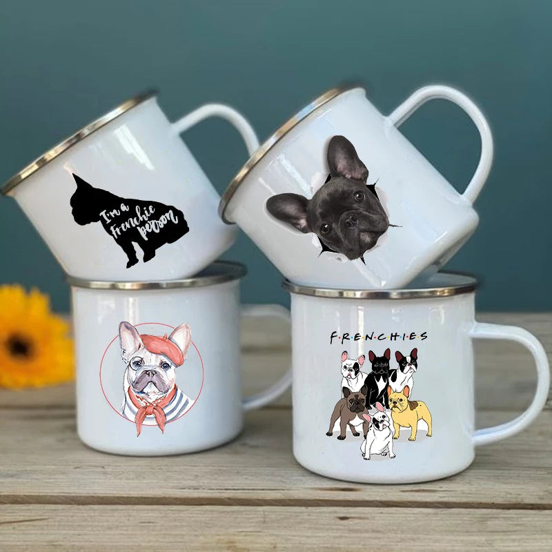 French Bulldog Print Enamel Mug Creative Coffee Cups Drinks Dessert Breakfast Milk Cup Vintage Mugs Handle Drinkware Best Gifts