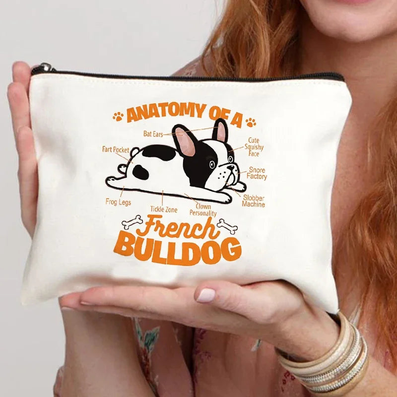 Funny French Bulldog Cartoon Print Makeup Canvas Bag Women's Bags Organizer Mini Bag Toiletry Kit Professional Suitcase Make Up