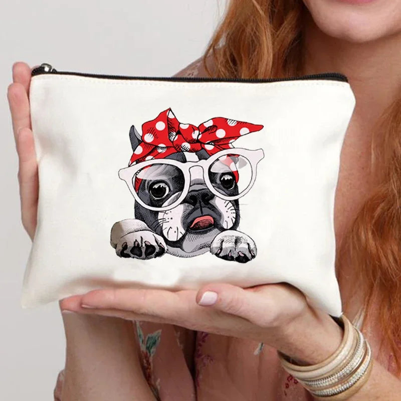 Funny French Bulldog Cartoon Print Makeup Canvas Bag Women's Bags Organizer Mini Bag Toiletry Kit Professional Suitcase Make Up